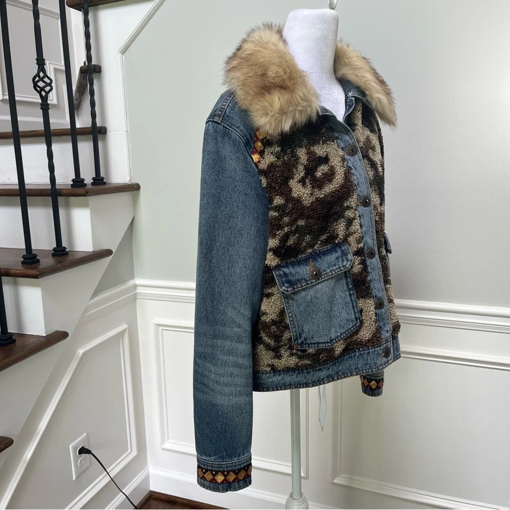 Desigual Denim Camouflage Jean Jacket with Faux Fur XL - Picture 4 of 15